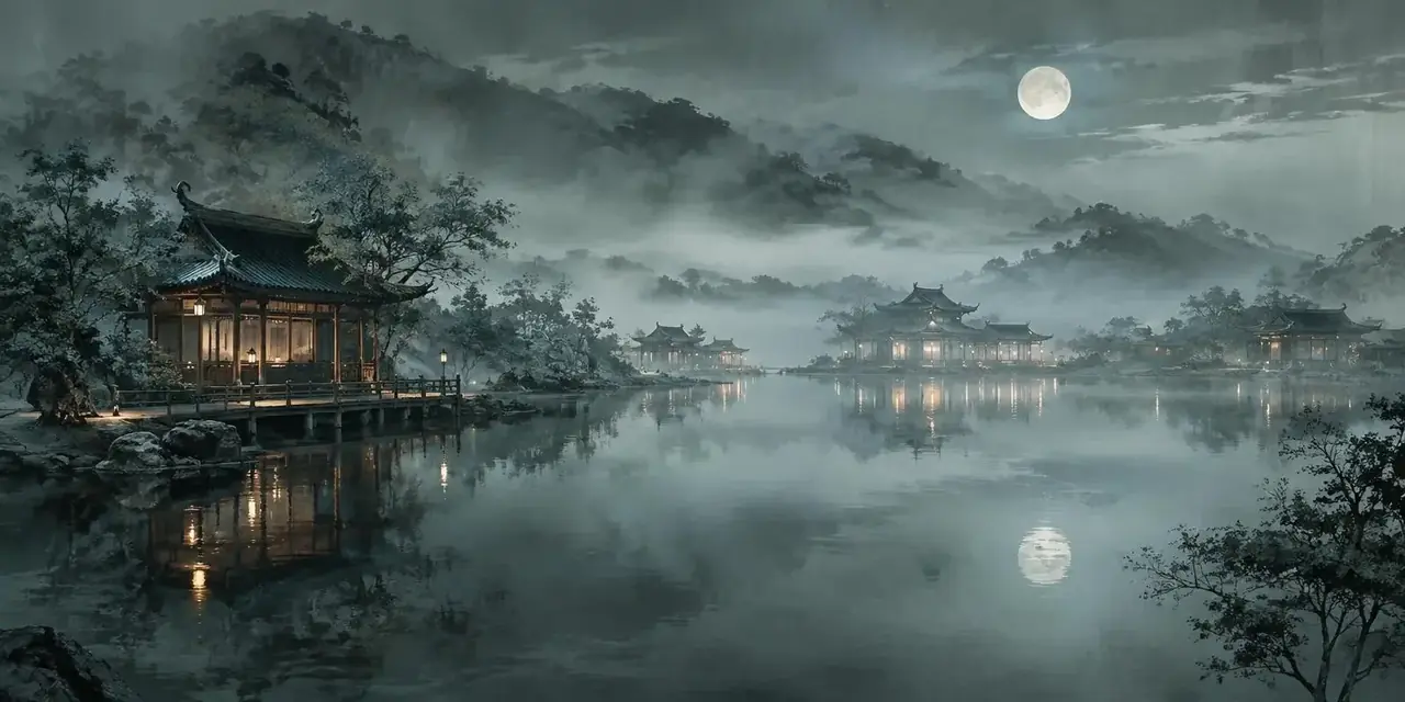 www短剧热播专区背景,水墨月色水岸夜景